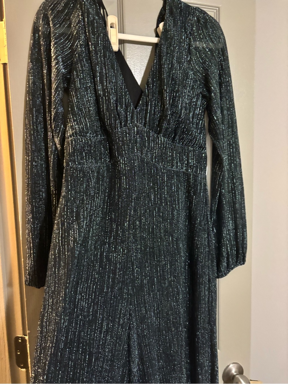 Francesca's Collections Metallic Black and Green V-Neck Long Sleeve jumpsuit